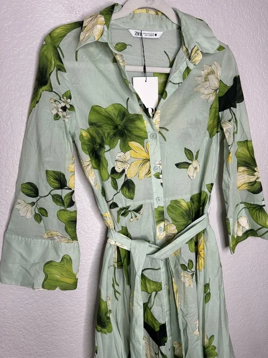 NWT Zara ZW Collection Green Floral Button Down Shirt Dress Midi w/ Belt XS - Picture 4 of 9